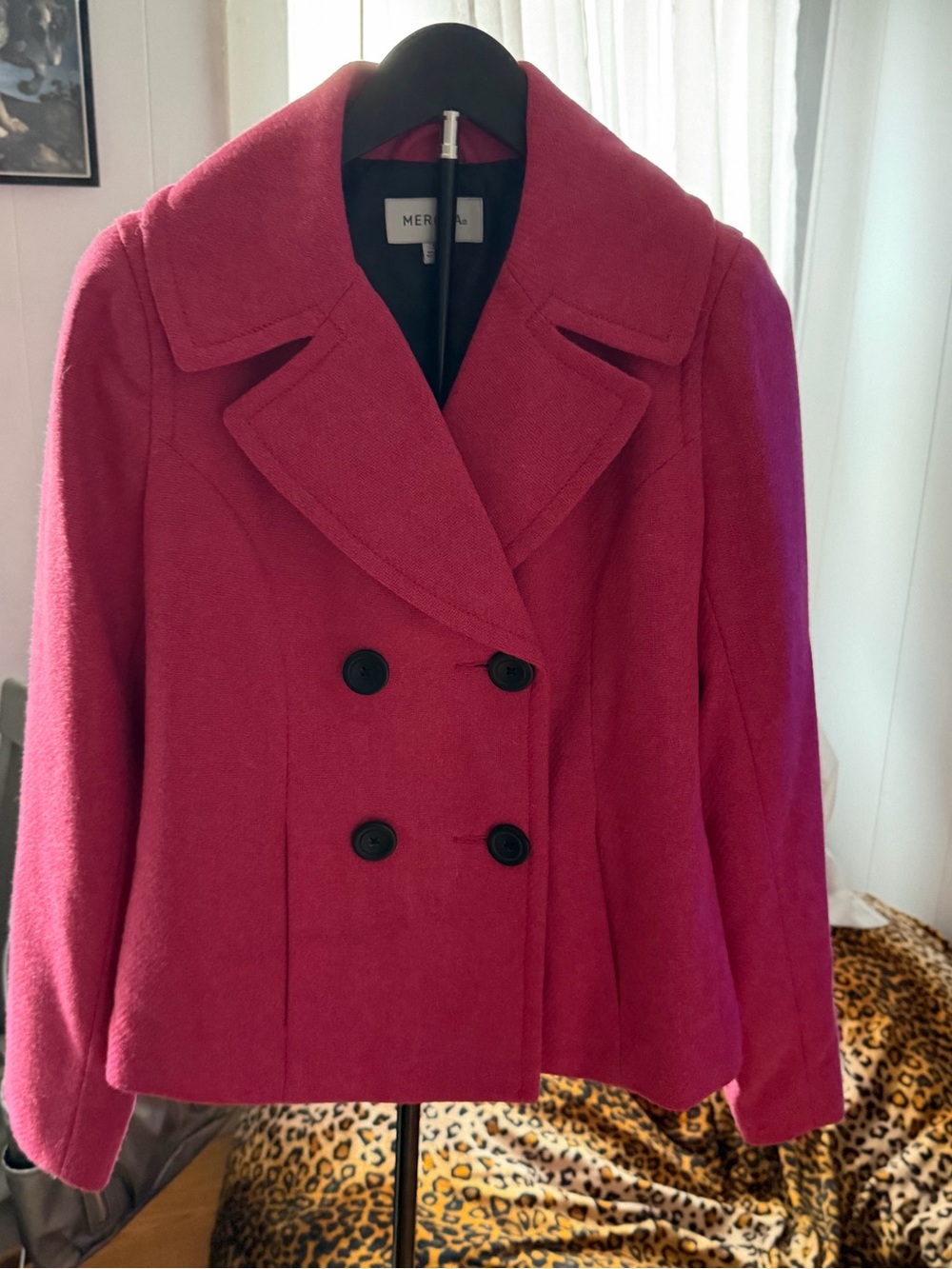 Merona Women's Retro Magenta Pink Wool Blend Double Breasted Pea Coat Small